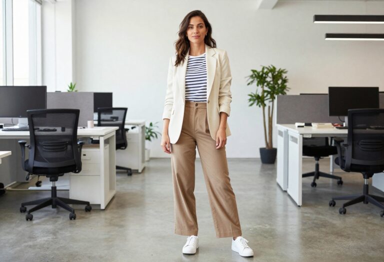 Woman in cream blazer, striped tee, wide-leg trousers, and white sneakers in a modern office hallway