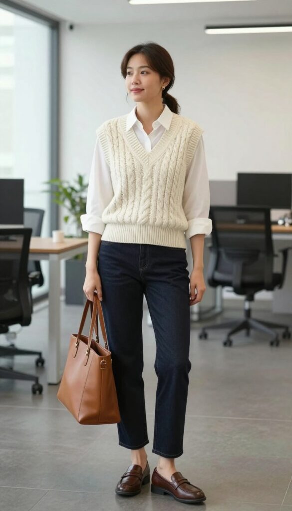 2. Chunky Knit Vest over a Button-Down Shirt