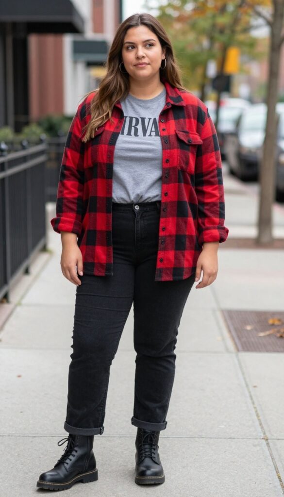 3. Plaid Flannel Shirt Over a Band Tee