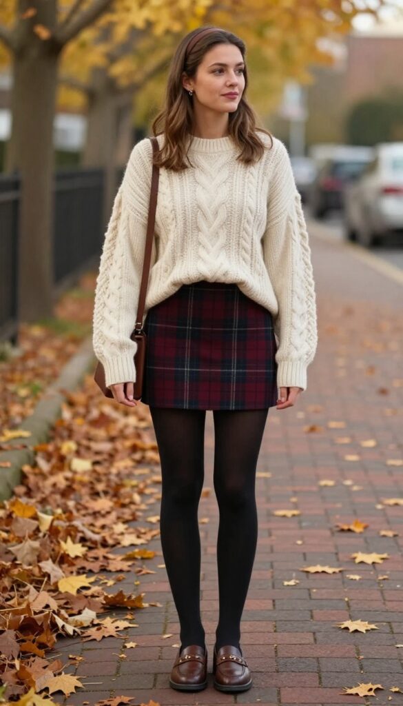 2. Cable-Knit Sweater + Plaid Mini Skirt + Tights + Loafers