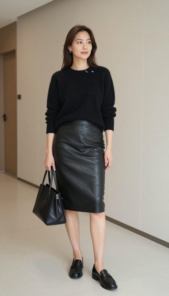 4. Black Cashmere Sweater + Leather Pencil Skirt + Loafers