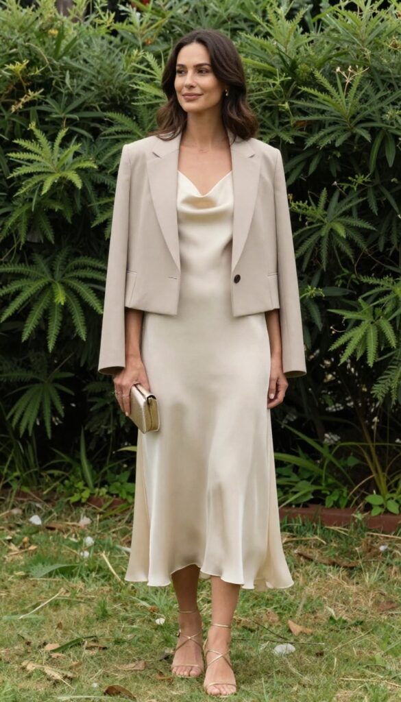 Woman in ivory silk slip dress and cropped blazer standing in garden wedding setting