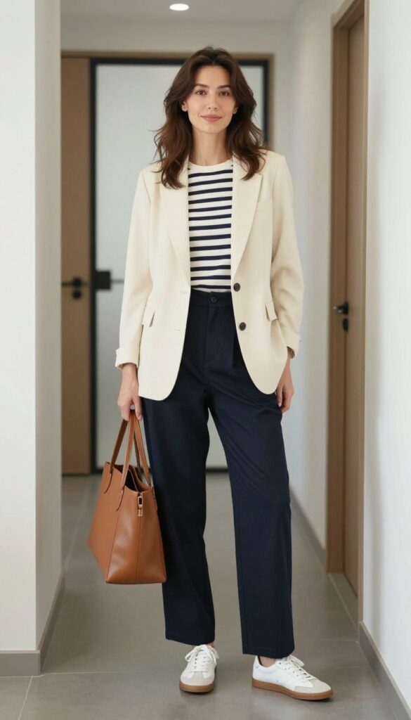 1. Cream Blazer + Striped Tee + Wide-Leg Trousers