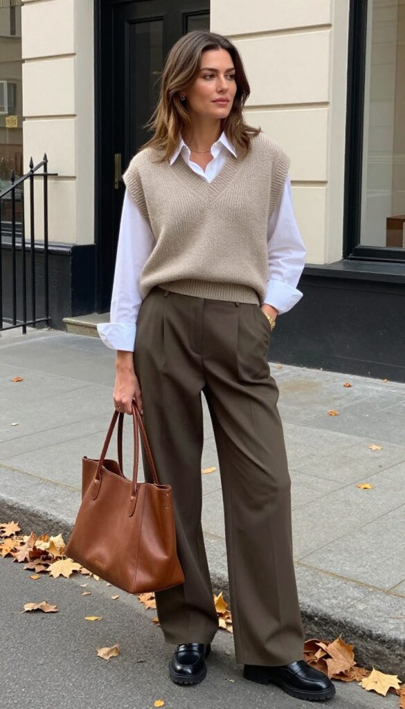 4. Sweater Vest + Button-Down Shirt + Wide-Leg Trousers