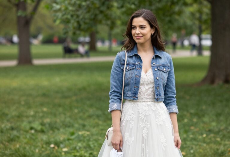 Woman in lacy wedding dress with sleeves styled with denim jacket and sneakers in park