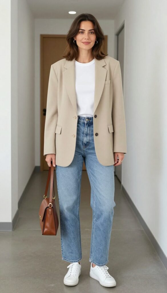1. Blazer + White Tee + Straight-Leg Jeans + White Sneakers