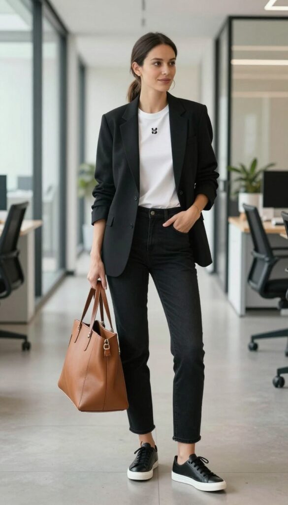 10. Blazer + Graphic Tee + Black Jeans + Black Sneakers