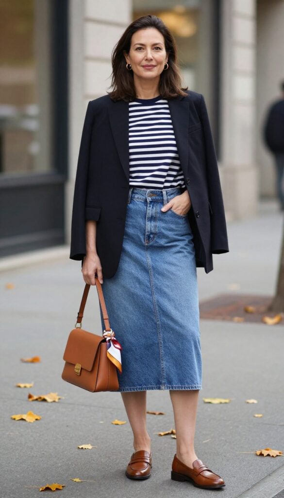 4. Denim Skirt with Striped Breton Top and Blazer