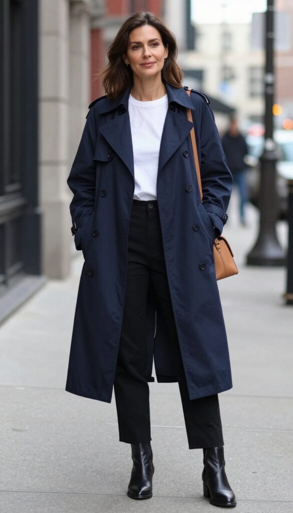 8. Navy Trench Coat + White Tee + Black Trousers