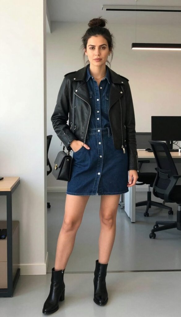 14. The Denim Shirt Dress with a Leather Jacket