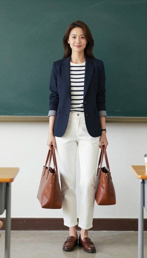 1. Navy Blazer + Striped Tee + White Jeans