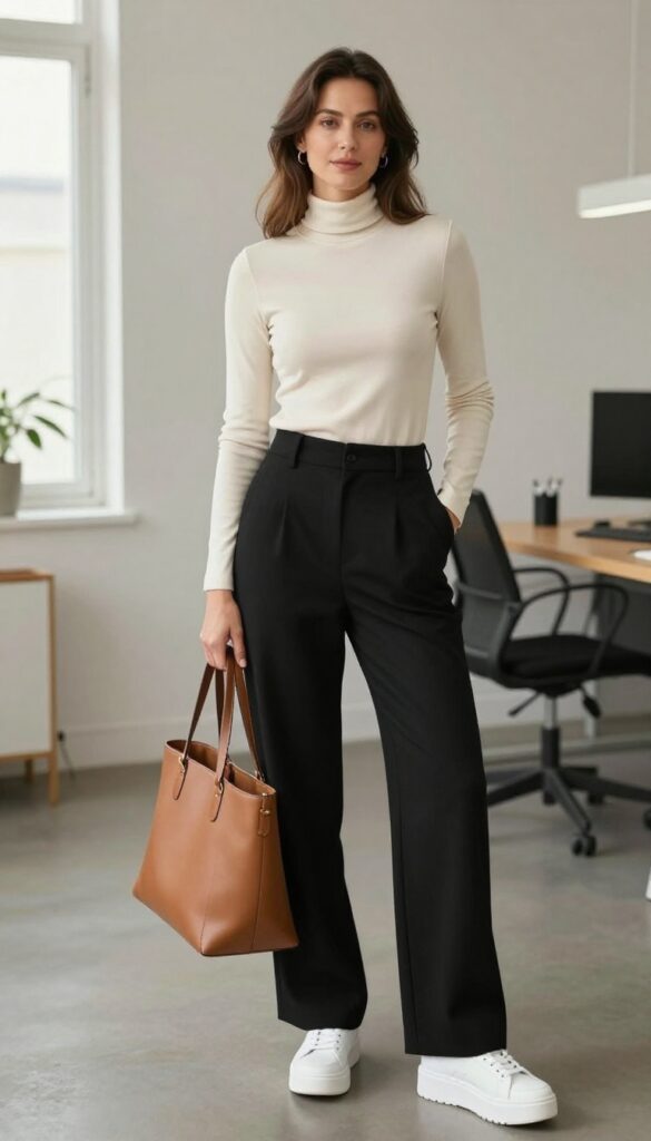 3. Wide-Leg Trousers + Fitted Turtleneck + Chunky Sneakers
