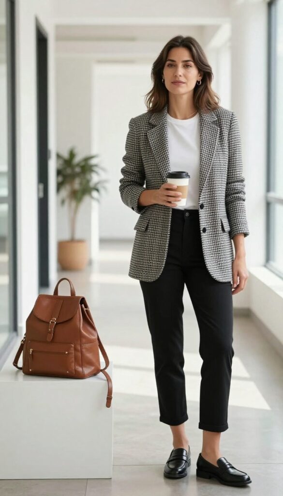 7. Checked Blazer with White Tee and Cropped Trousers