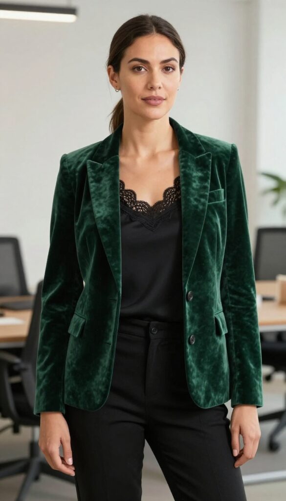 9. Velvet Blazer with Lace Top and Black Trousers