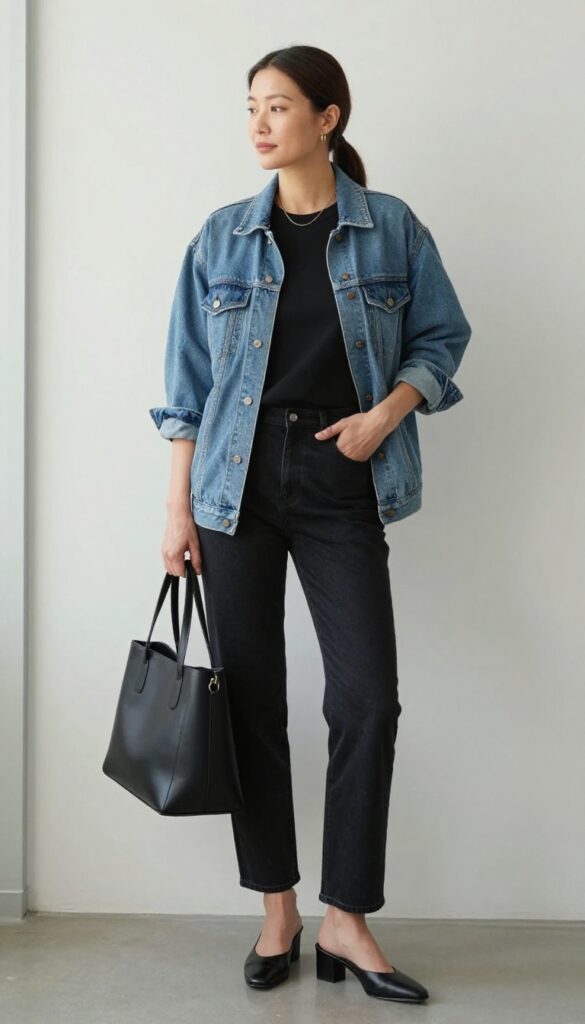 5. Denim Jacket + Black Jeans + Heeled Mules