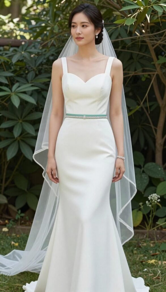 Bride in white mermaid wedding dress with seafoam green crystal sash, standing in a sunlit garden.