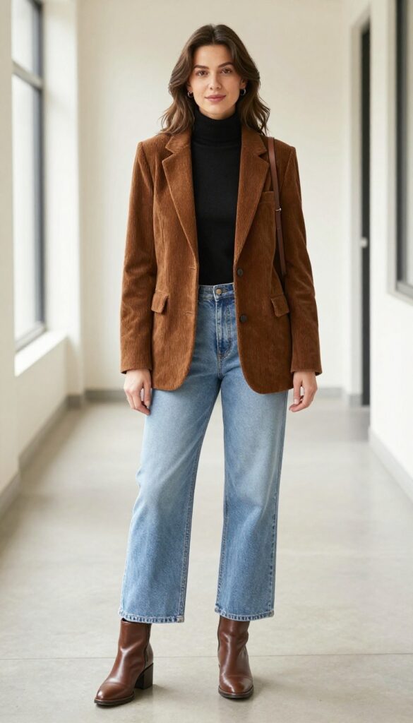 10. Corduroy Blazer + Turtleneck + Wide-Leg Jeans