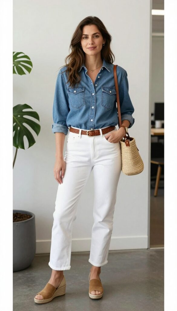 13. Denim Shirt + White Jeans + Espadrilles