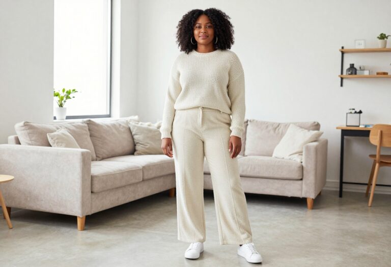 Plus size Black woman in camel monochrome outfit with gold accessories and white sneakers, standing in a bright living room.