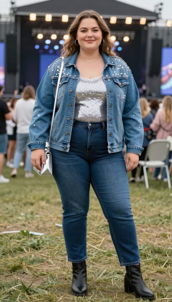 13. Denim Jacket with Rhinestone Details over a Sequin Top and Jeans