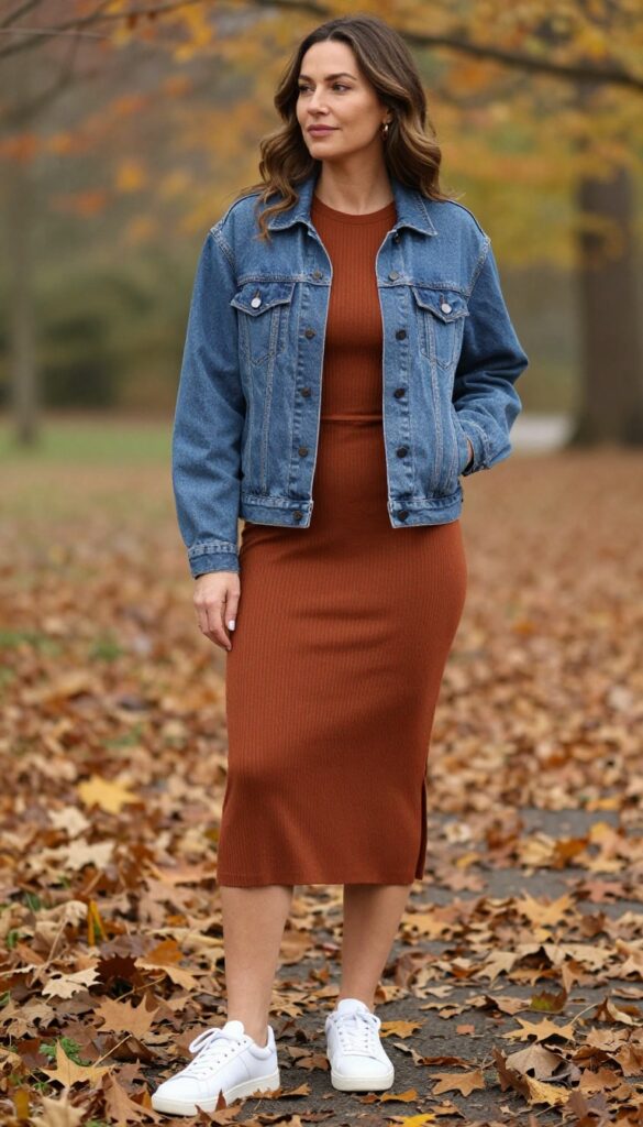 7. Denim Jacket + Midi Dress + Sneakers