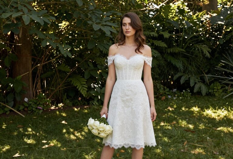 Woman in off-the-shoulder lace corset wedding dress in garden