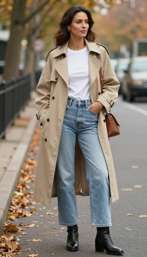 6. Trench Coat + Wide-Leg Jeans + Heeled Boots