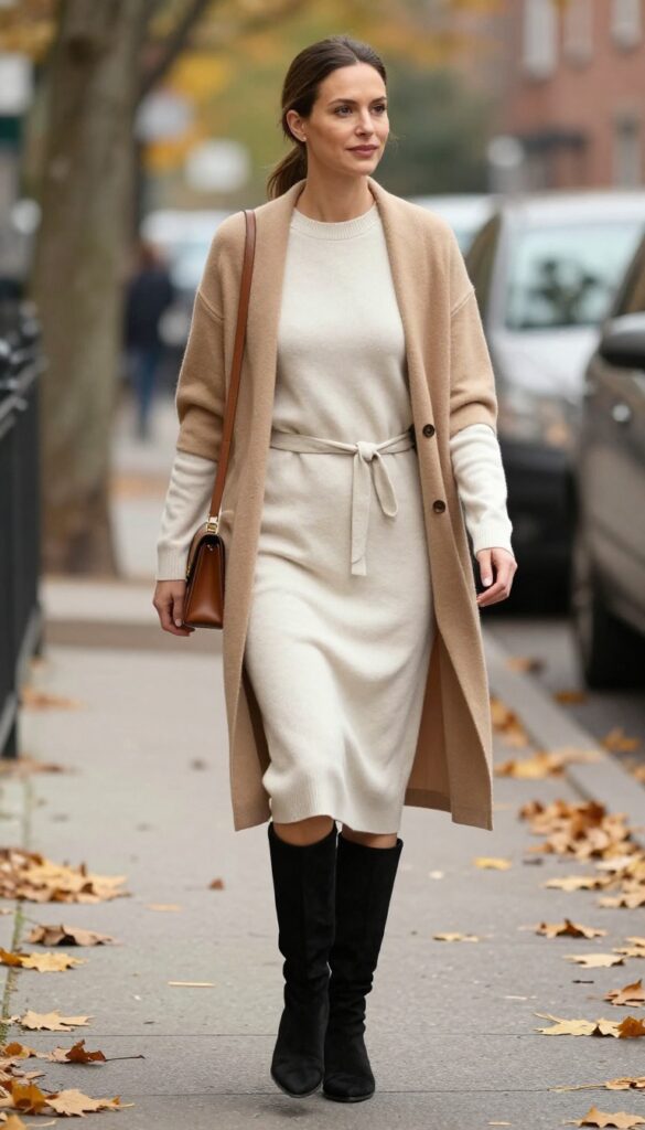 14. The Dress with a Belted Cardigan and Knee-High Boots