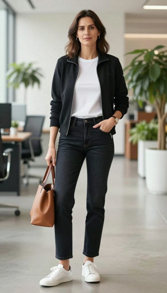 6. Zip-Up Track Jacket + Straight-Leg Jeans + Clean White Trainers