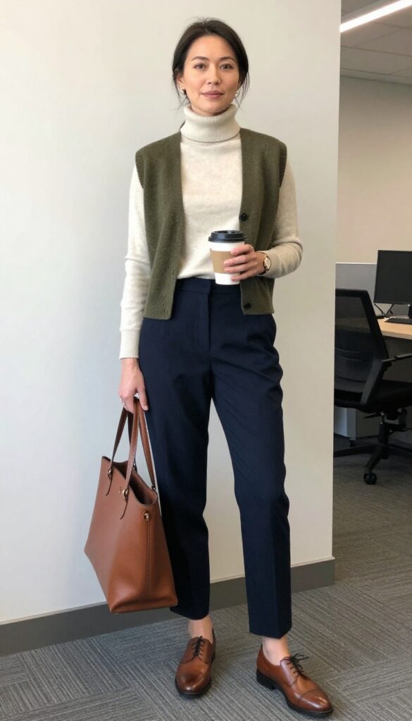 13. Sweater Vest + Turtleneck + Pleated Pants + Oxfords