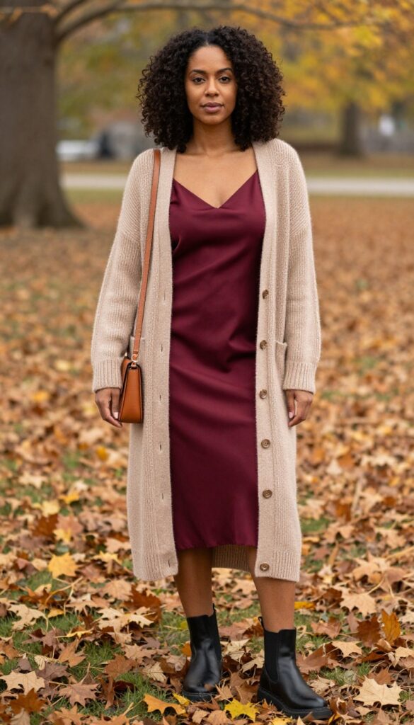 7. Chunky Cardigan + Slip Dress + Chelsea Boots
