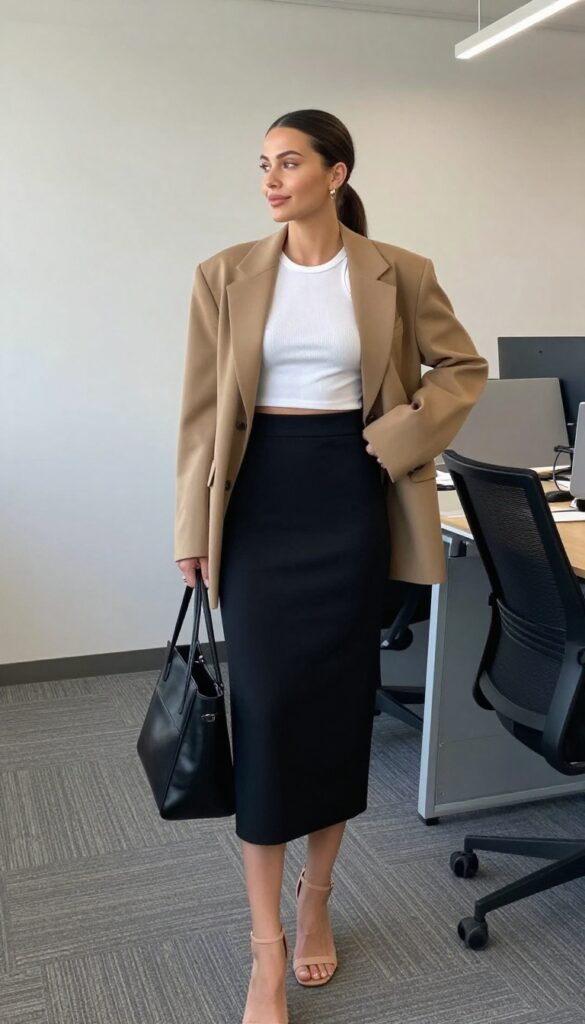 13. High-Waisted Skirt with a Crop Top and Blazer