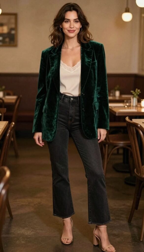 12. Velvet Blazer with a Lace Top and Flared Pants