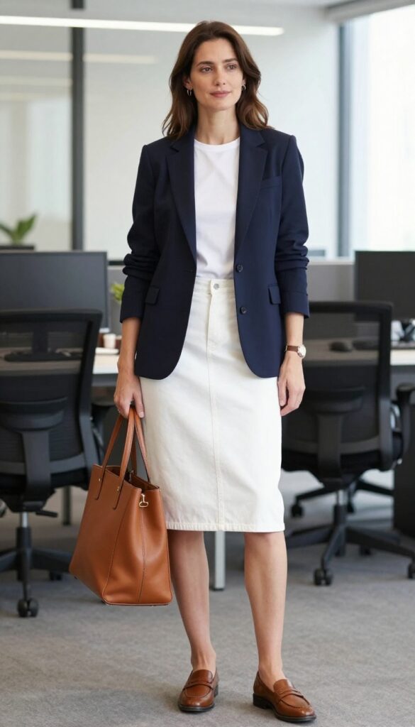 5. White Denim Skirt + Navy Blazer