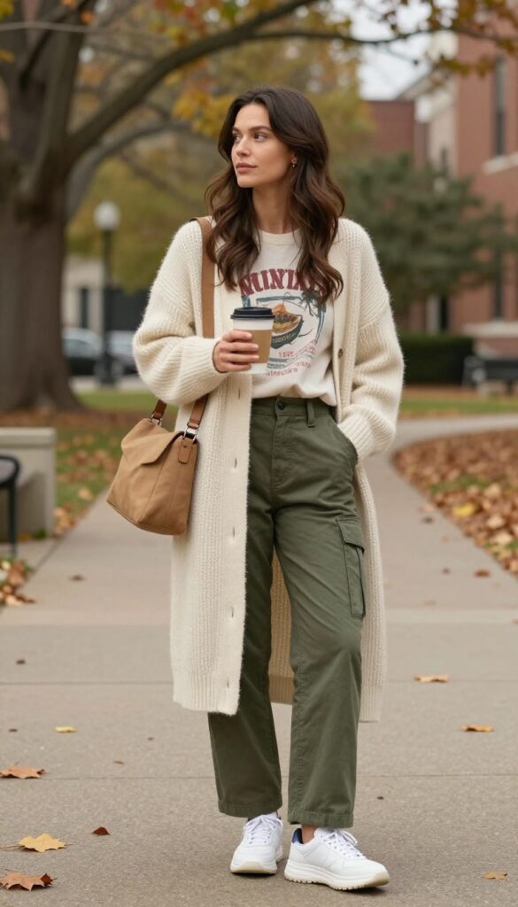 4. Chunky Cardigan over a Graphic Tee with Cargo Pants