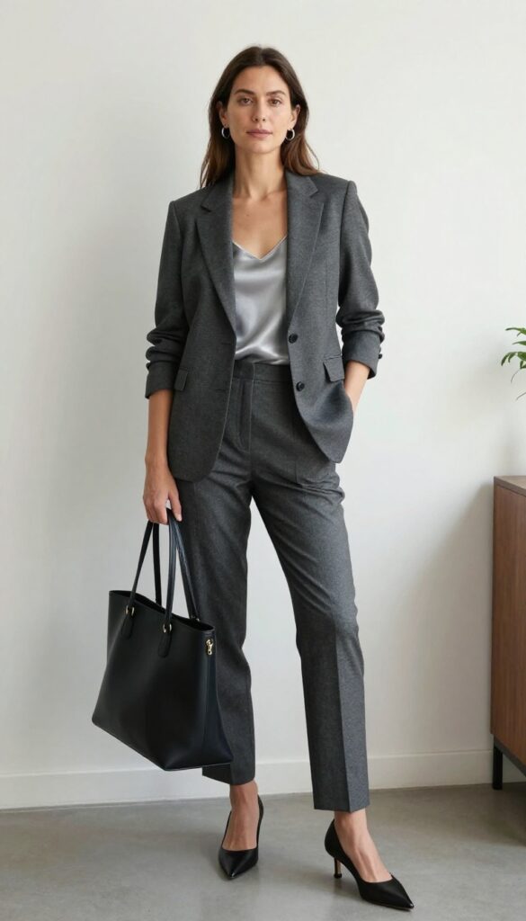 8. Charcoal Blazer + Silk Camisole + Gray Trousers
