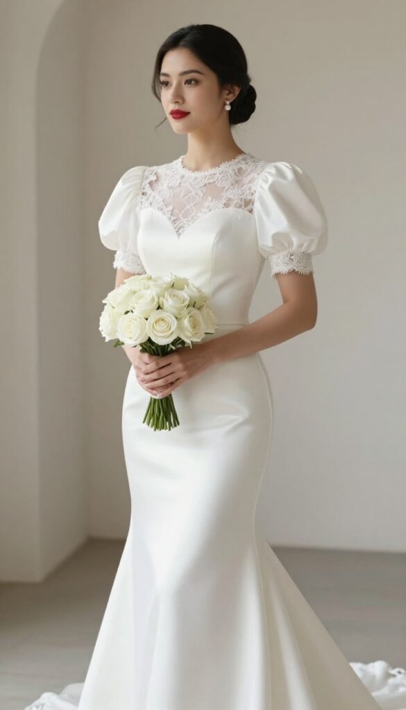 Woman in mermaid wedding dress with short puff sleeves and high neckline, red lip, pearl studs, low bun, white rose bouquet, church aisle.