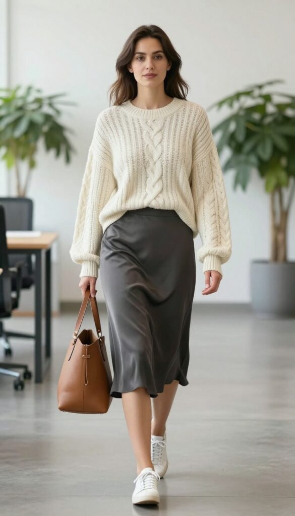 9. Oversized Knit with a Slip Skirt and Sneakers