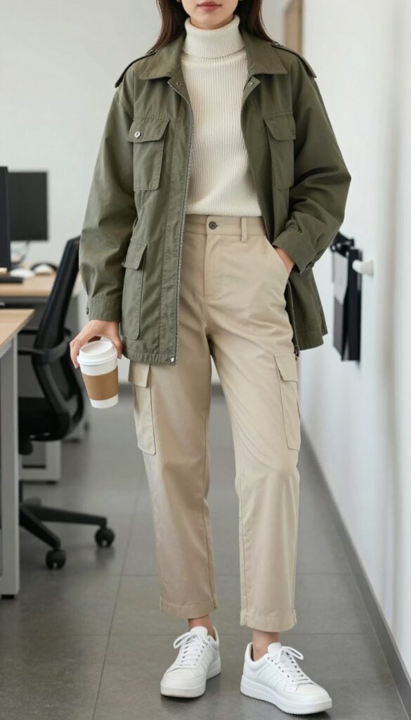 9. Utility Jacket + Ribbed Knit + Cargo Pants