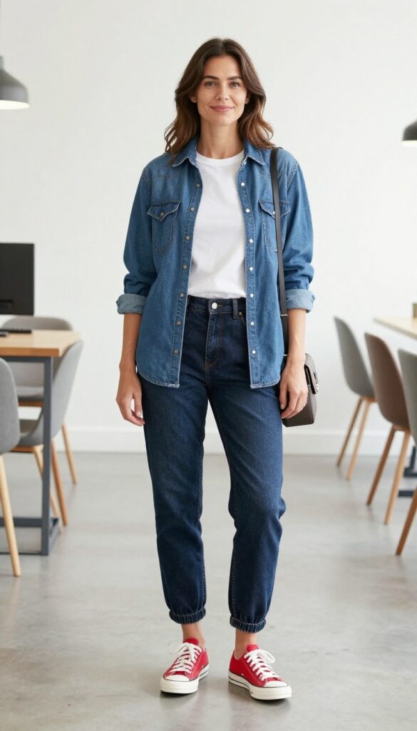13. Denim Shirt + Jogger Jeans + Retro Sneakers
