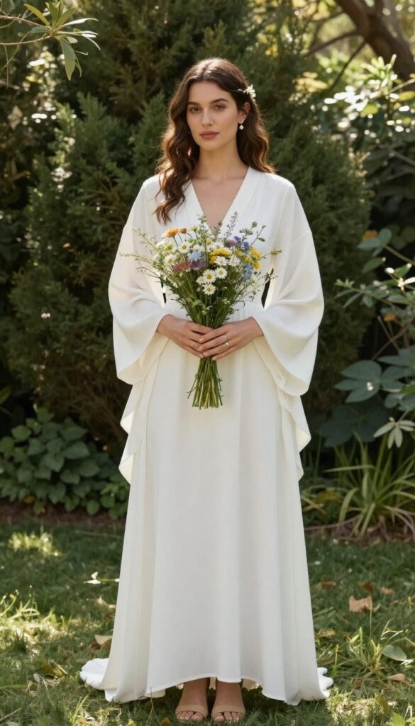 Bride in white wedding dress with kimono sleeves and floor-length train, standing in a sunlit garden with wildflower bouquet.