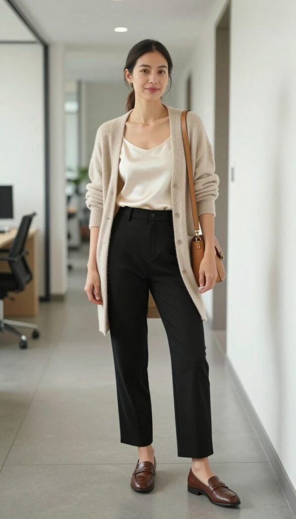 3. Silk Camisole + High-Waisted Trousers + Cardigan