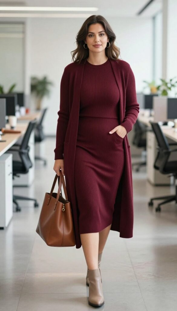 3. Knit Midi Dress with a Long Cardigan