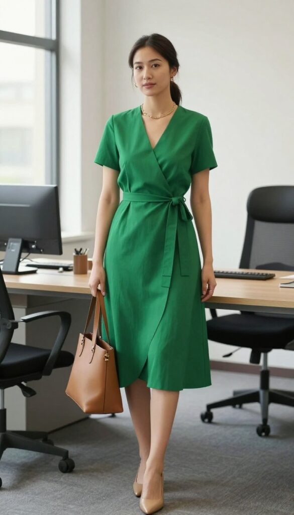 8. Wrap Dress + Minimalist Jewelry + Block Heels