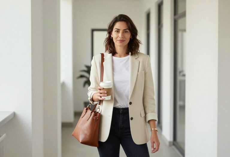 Woman in cream blazer, white tee, and dark jeans standing in office hallway with coffee and tote bag.