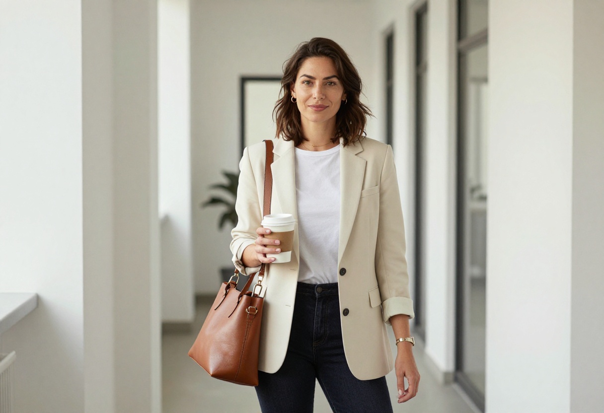 Woman in cream blazer, white tee, and dark jeans standing in office hallway with coffee and tote bag.