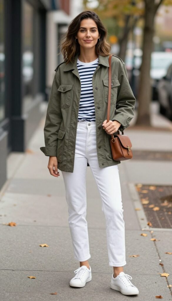4. Olive Utility Jacket with White Denim