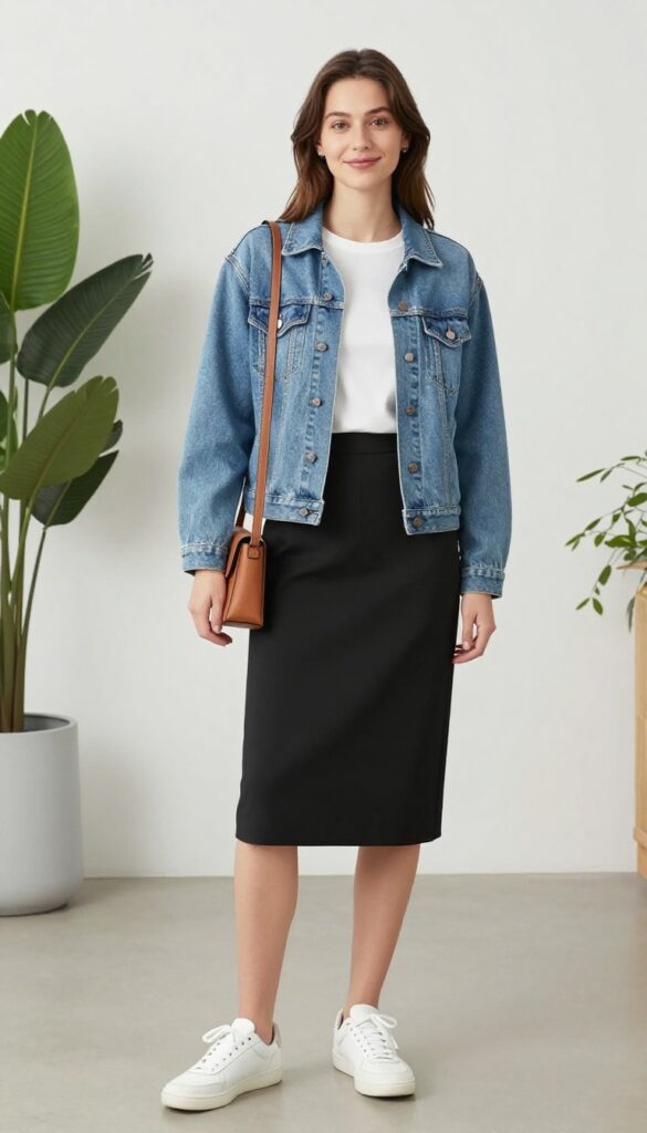 8. Denim Jacket + White Tee + A-Line Skirt