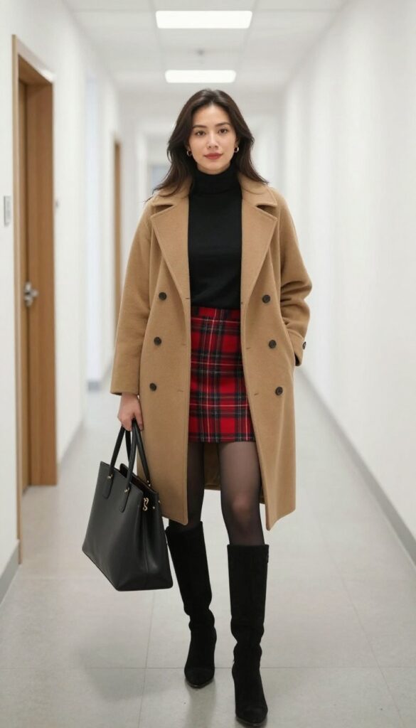 10. Plaid Mini Skirt + Turtleneck + Knee-High Boots
