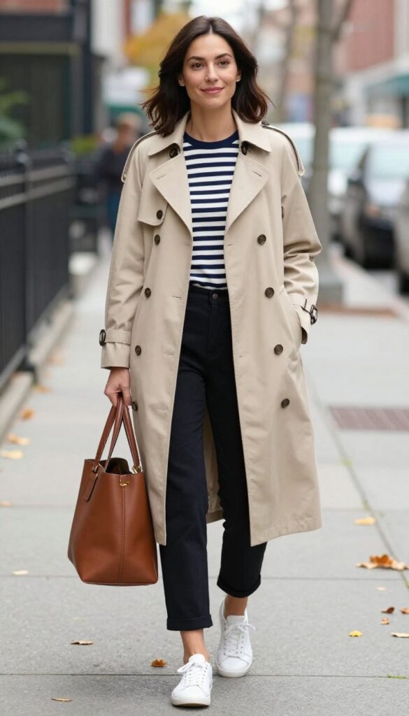 8. Trench Coat + Striped Top + Cropped Trousers + White Sneakers